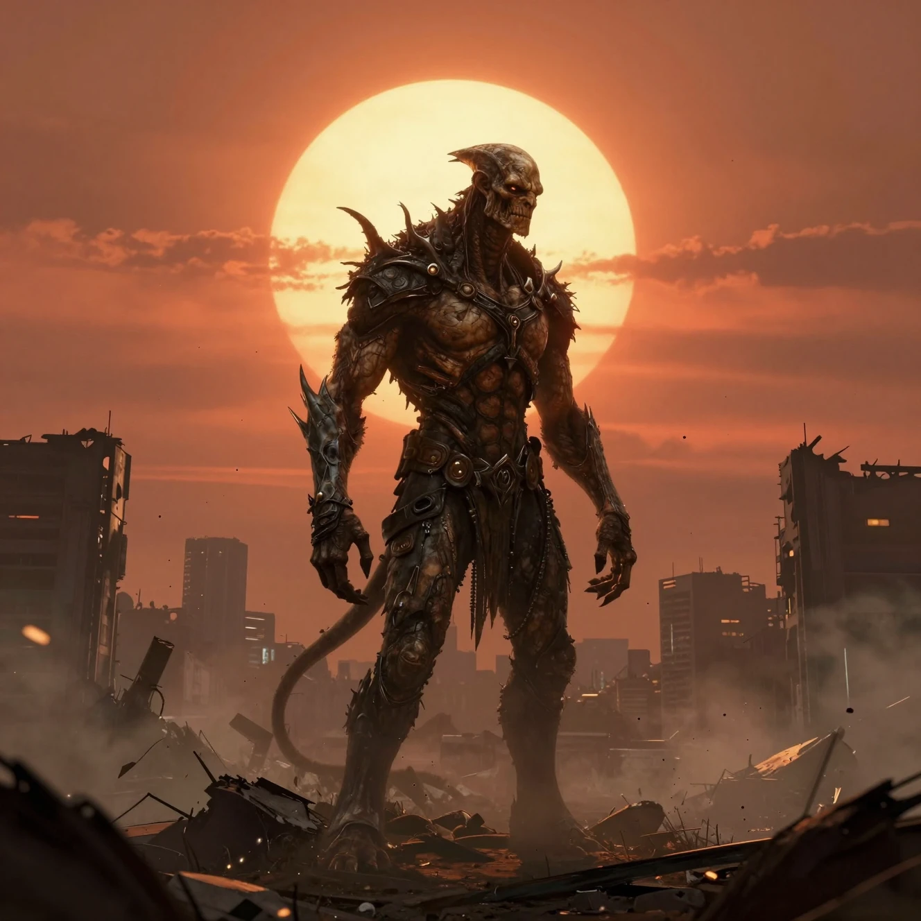 Ancient tree creature in a ruined twin sun cityscape