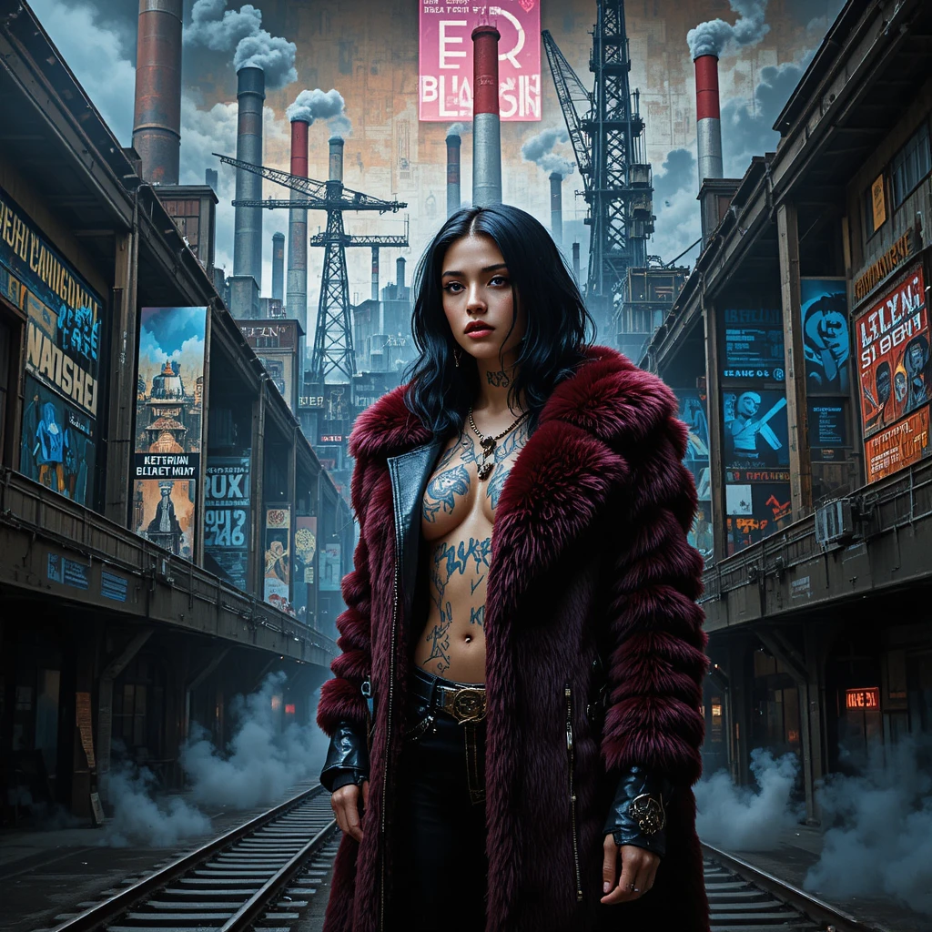 Cyberpunk fashion mural on abandoned victorian railway walls