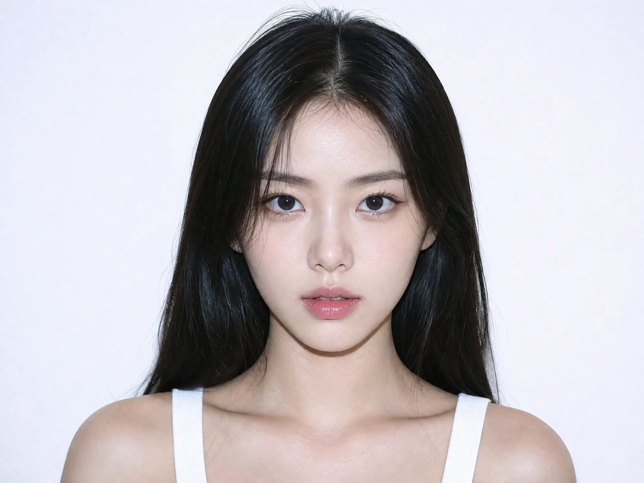 Koreanische Frau im Passfoto-Stil vor weißem Hintergrund