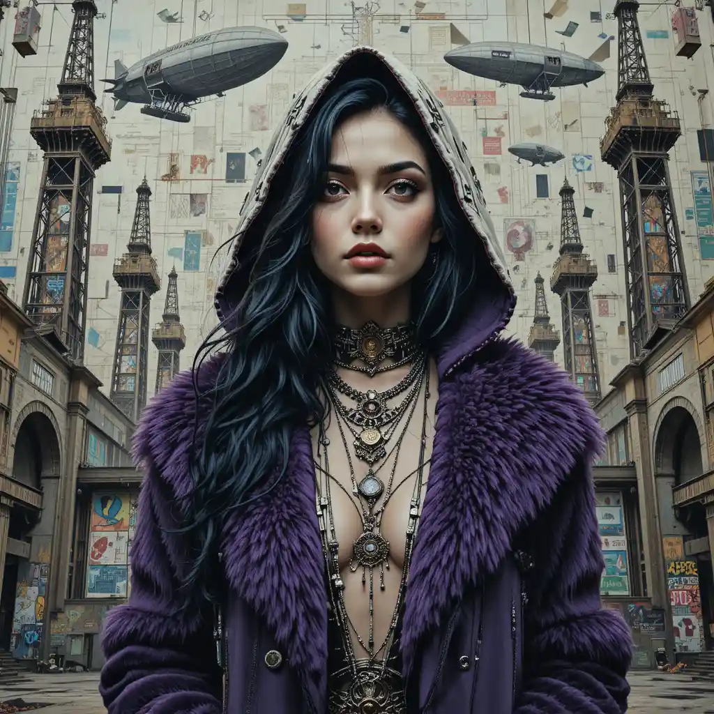 Cyberpunk woman before steampunk airship terminal mural