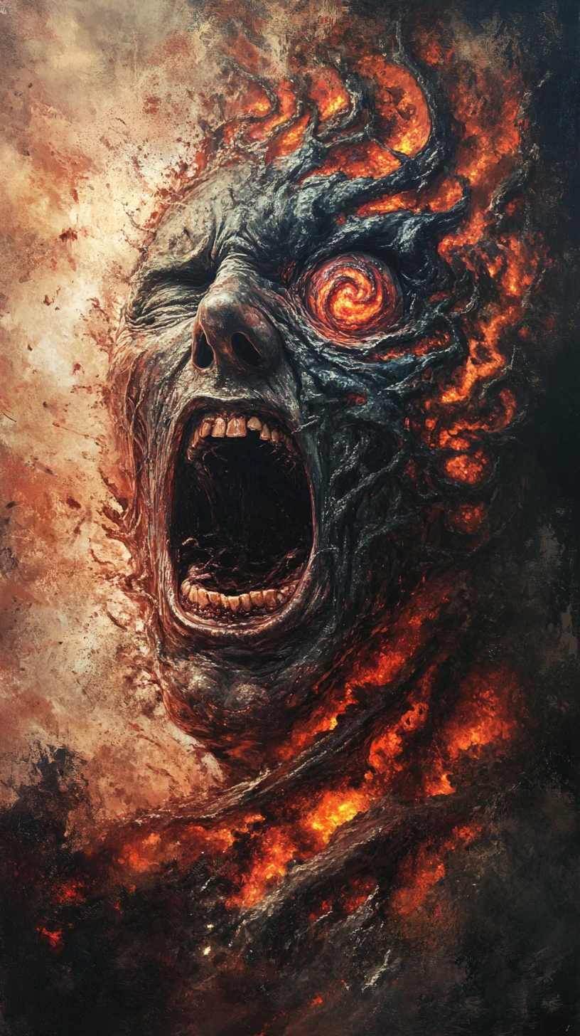 Human face screaming as skin twists into molten lava