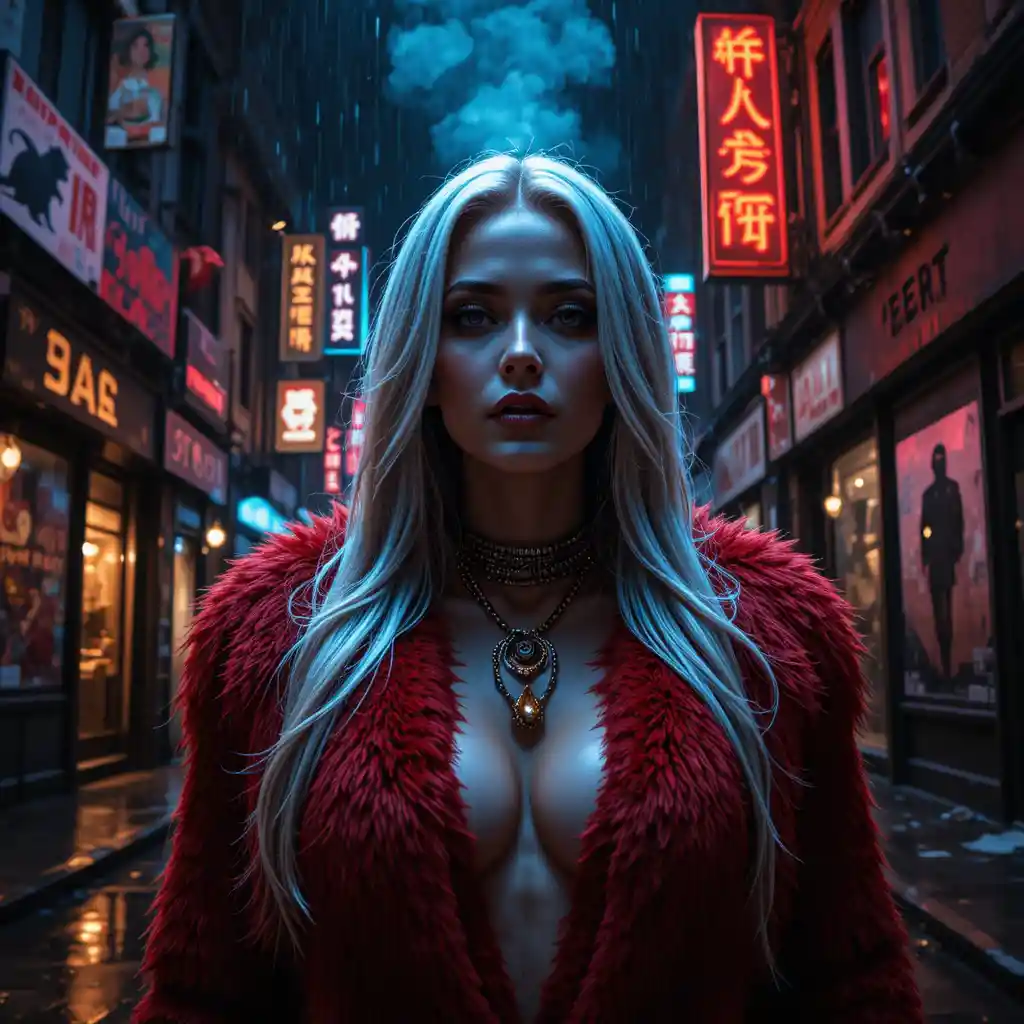 Noir fashion woman in scarlet fur under neon rain