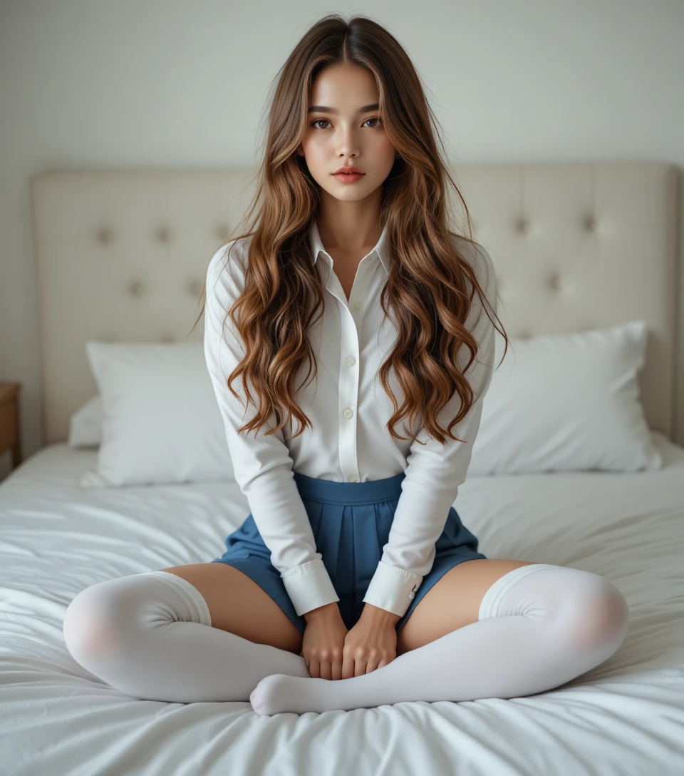 Young woman sitting on white bed in soft natural light