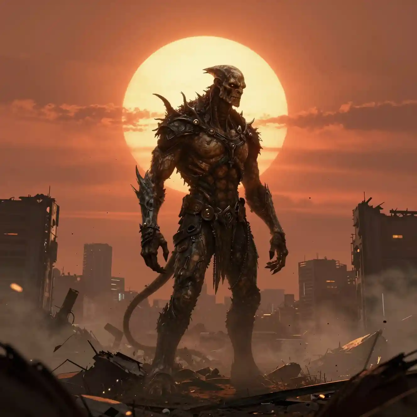 Ancient tree creature in a ruined twin sun cityscape