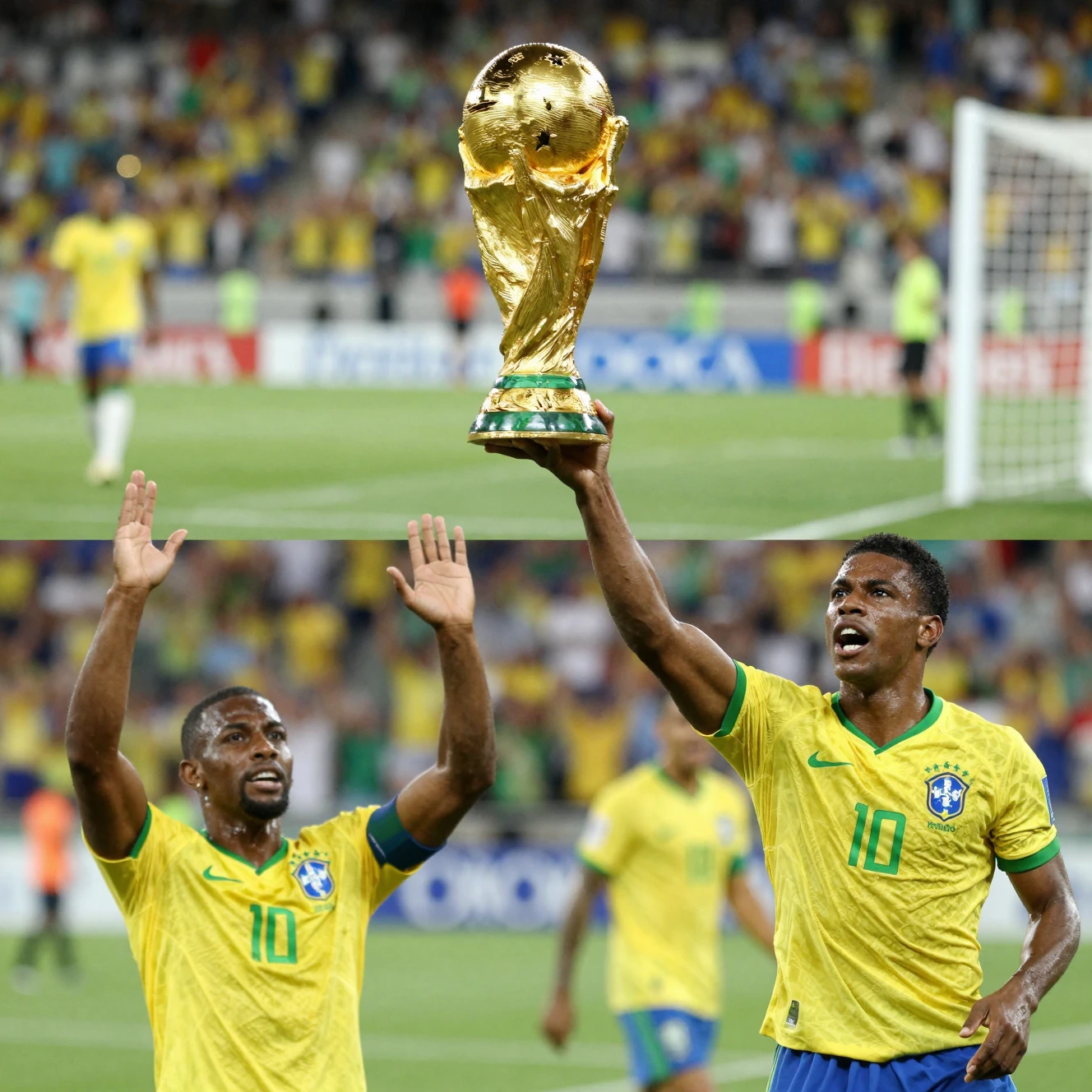 Soccer legend lifting the world cup trophy in celebration
