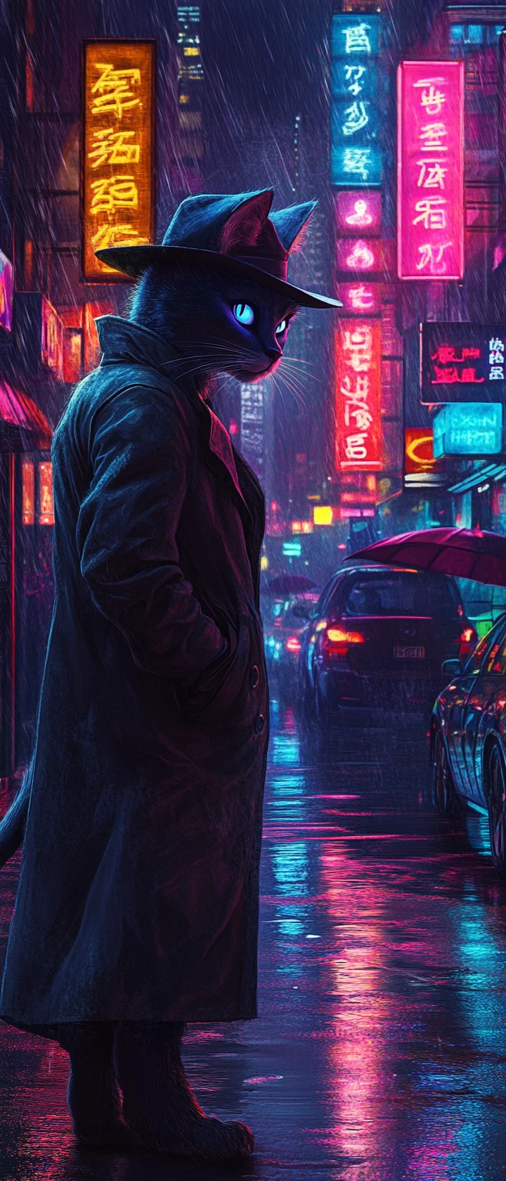 Anthropomorphic Cat Detective On Neon Lit Rainy City Street