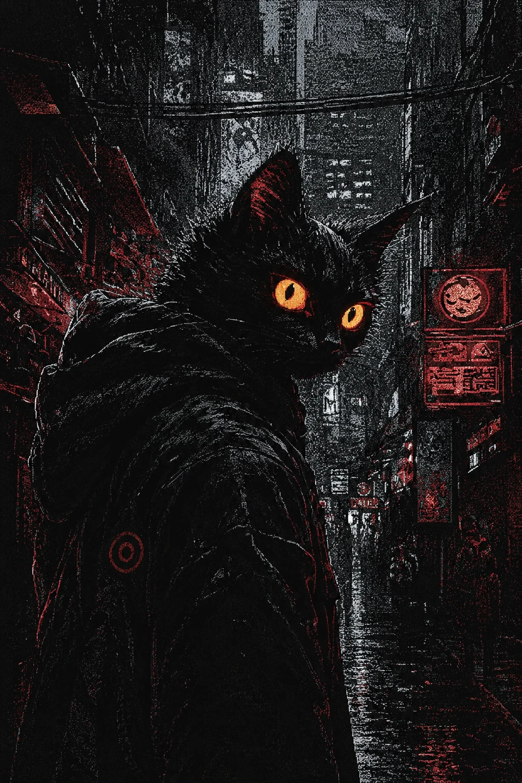 Anthropomorphic black cat in ominous low key pixel art