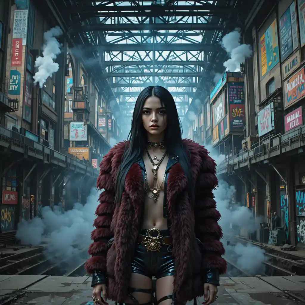 Cyberpunk-Modefrau an dystopischer Eisenbahn-Wandmalerei