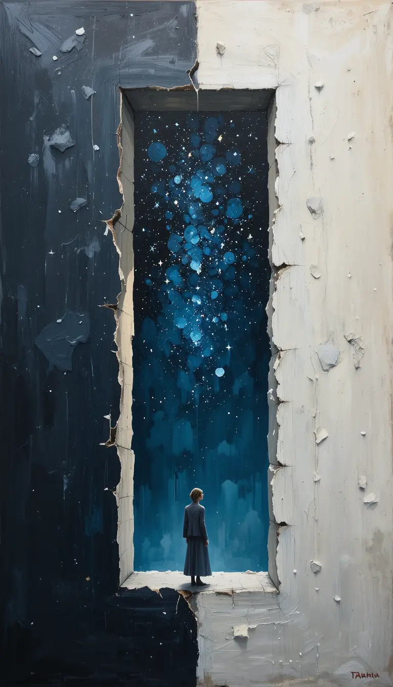 Young woman gazing through torn canvas at starry sky