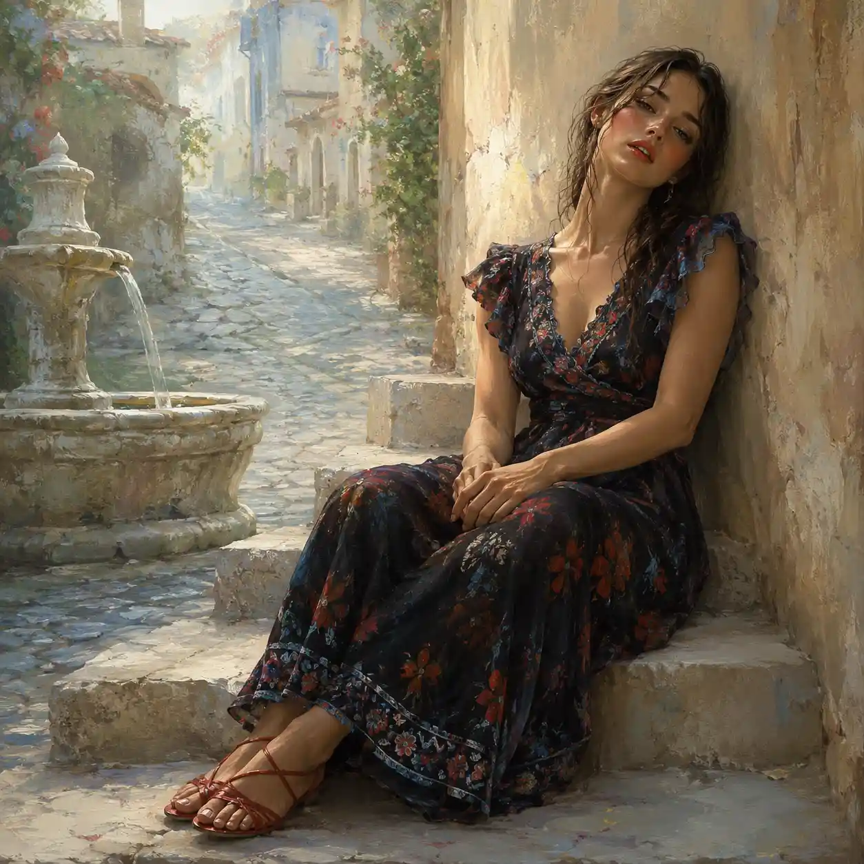 Exhausted woman on stone steps in soft oil fantasy scene