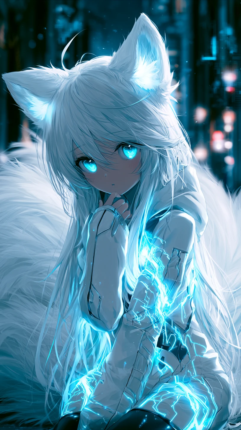 Anime wolf girl in neon cyberpunk city at night