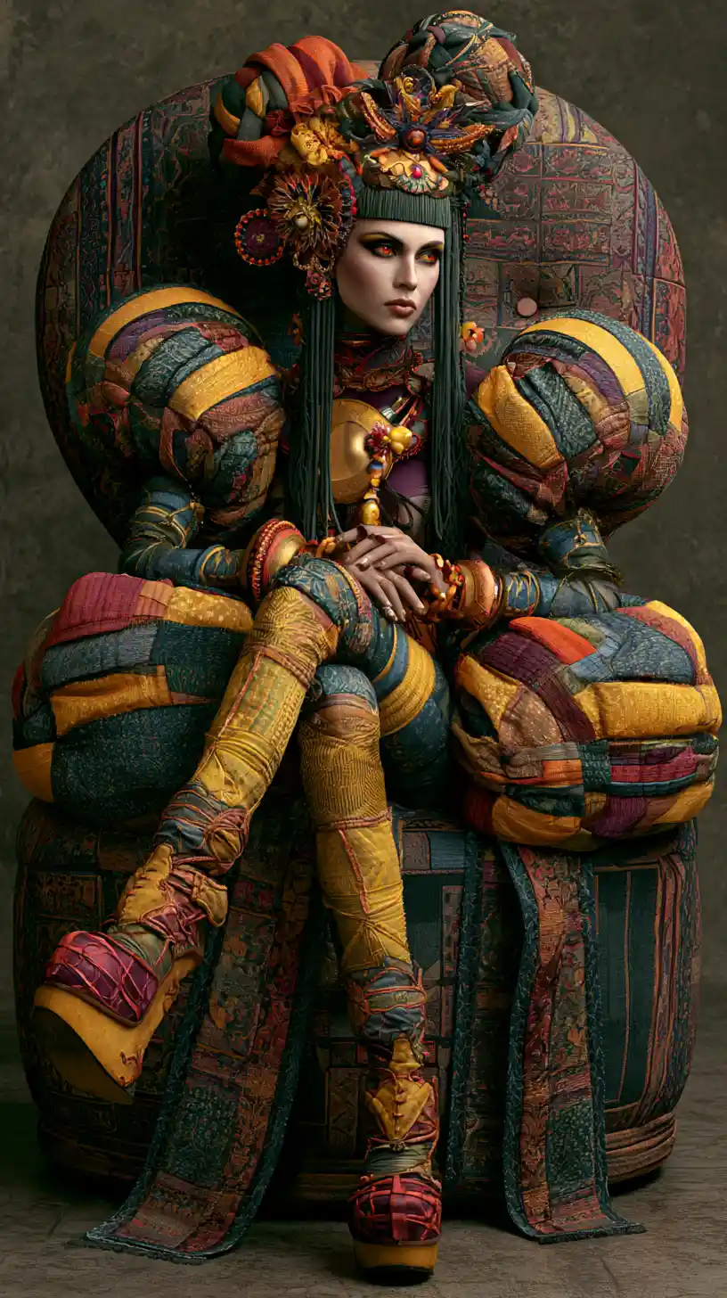 Elegant woman in oversized seat with elaborate couture