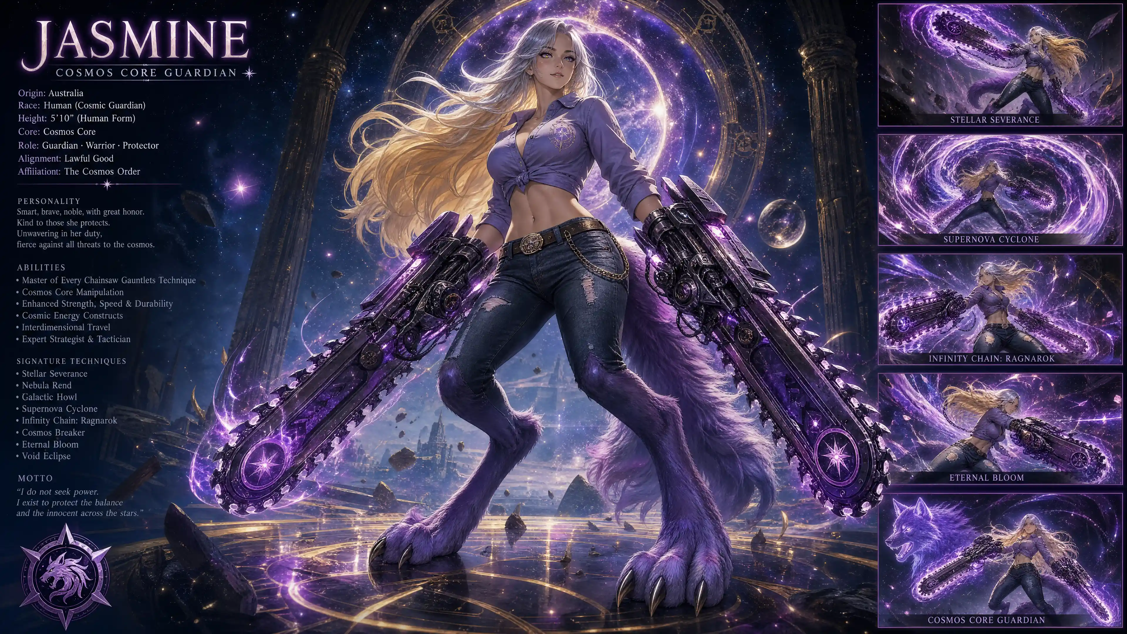 Heroic cosmos guardian woman with wolf legs and chainsaw