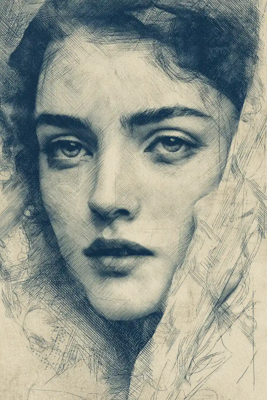 Expressive girl portrait in delicate line drawing style