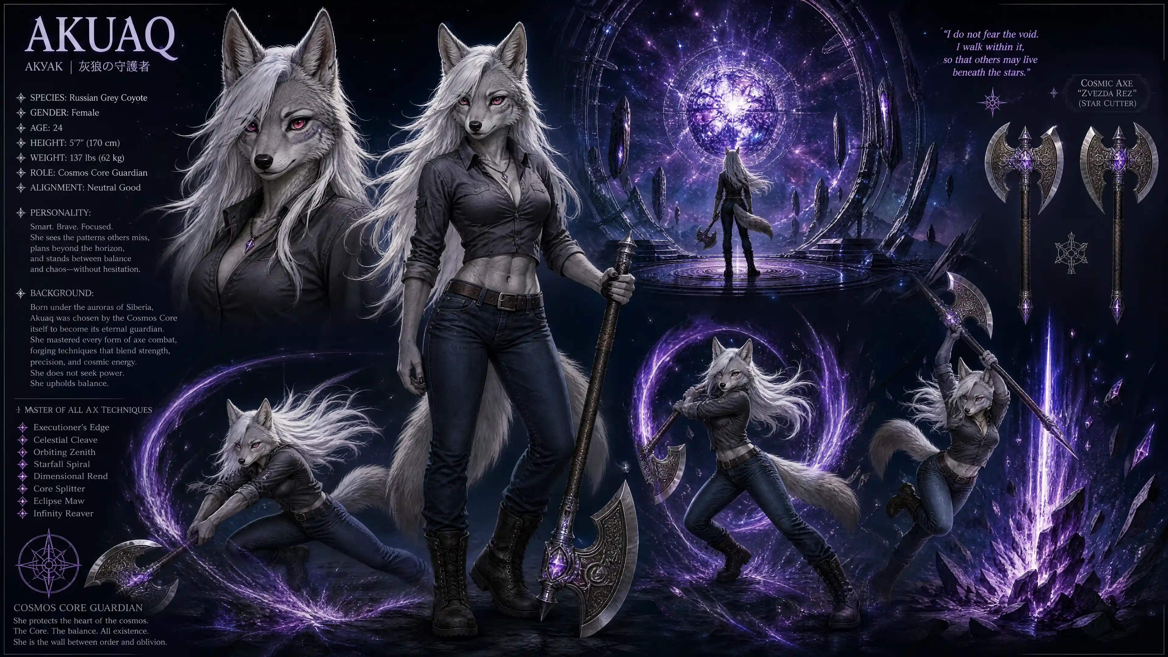 Anthro coyote guardian woman with axe in cosmic setting
