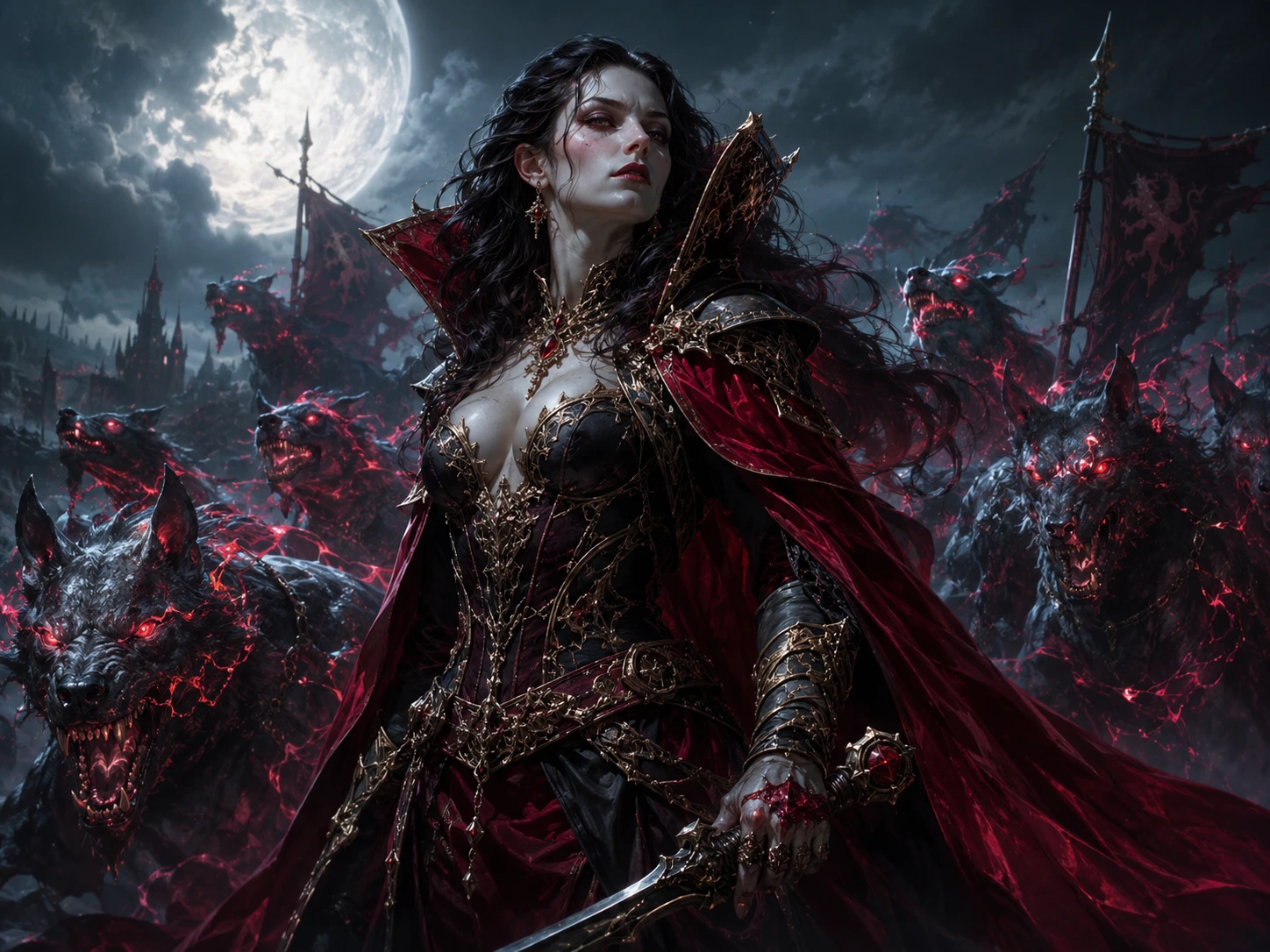 Vampire heroine leading spectral hounds on moonlit battlefield