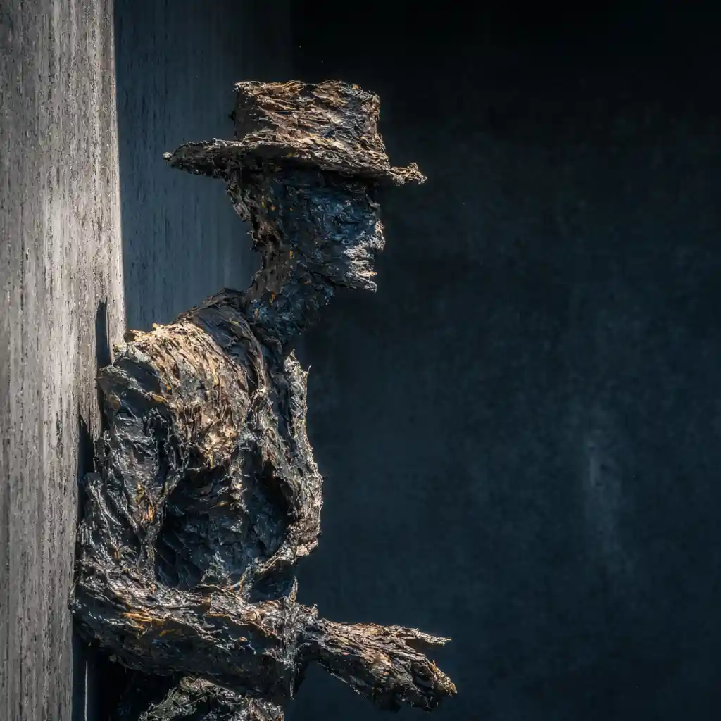 Surreal elongated plague doctor against dark concrete wall