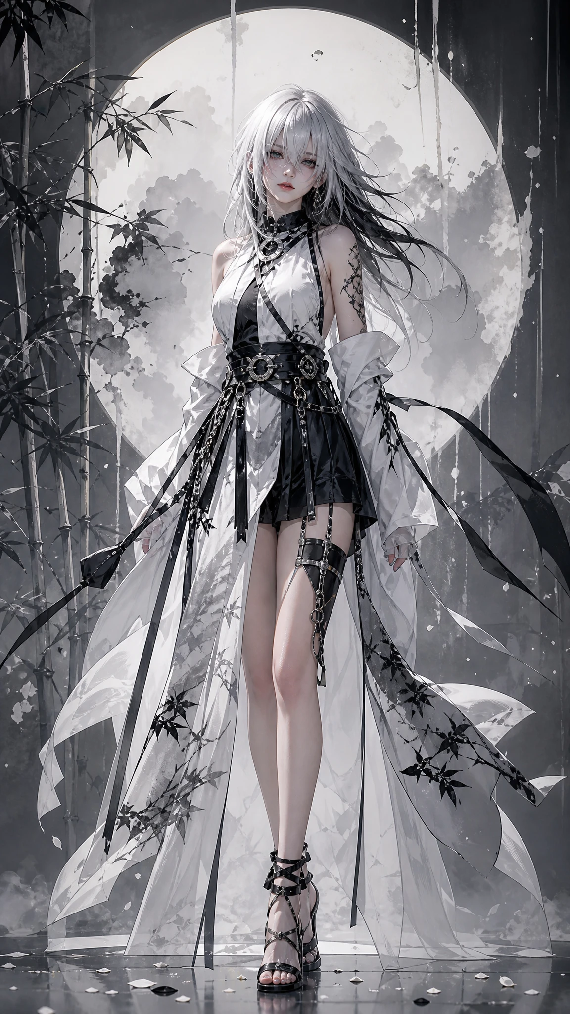 Silver haired anime woman with misty silver eyes