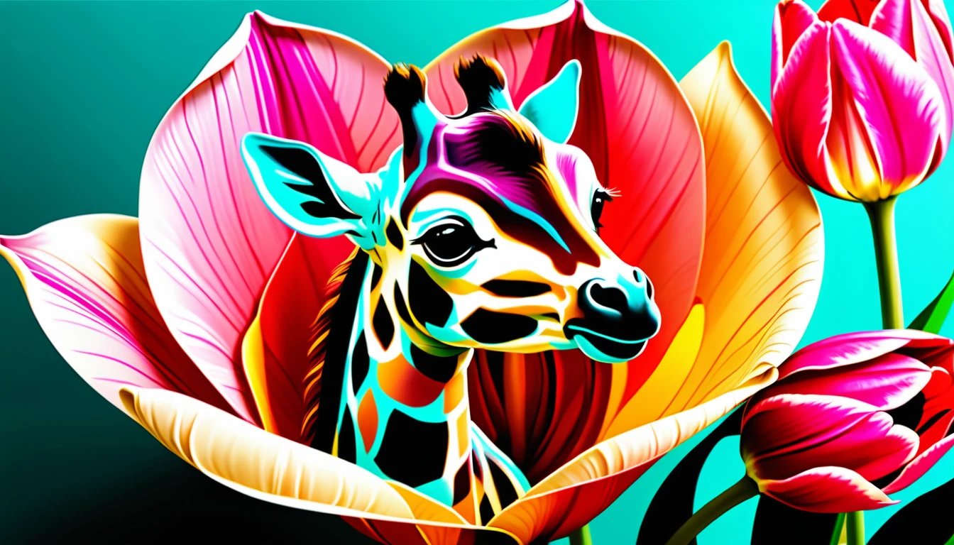 Baby giraffe curled inside a pink tulip at sunrise
