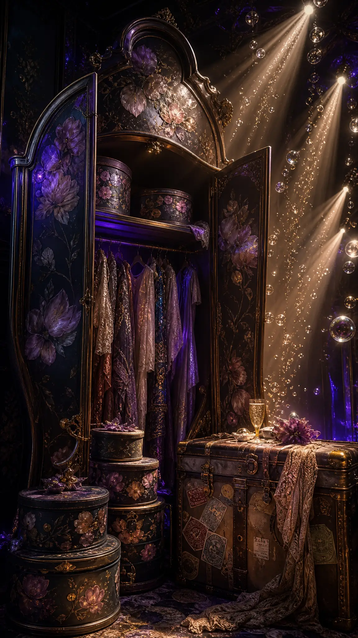 Tall ornate wardrobe with trunks and round hat boxes