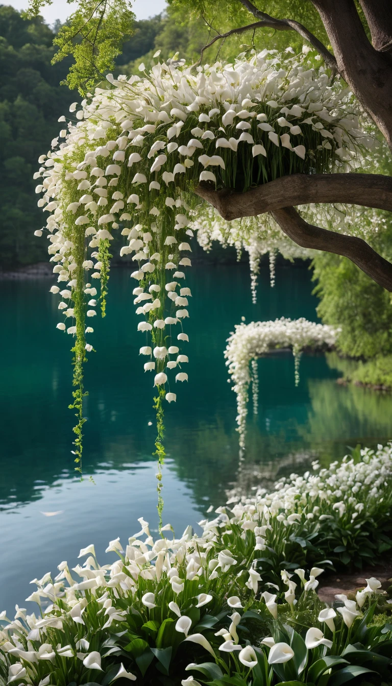 Flowering tree with cascading white blooms by a clear lake