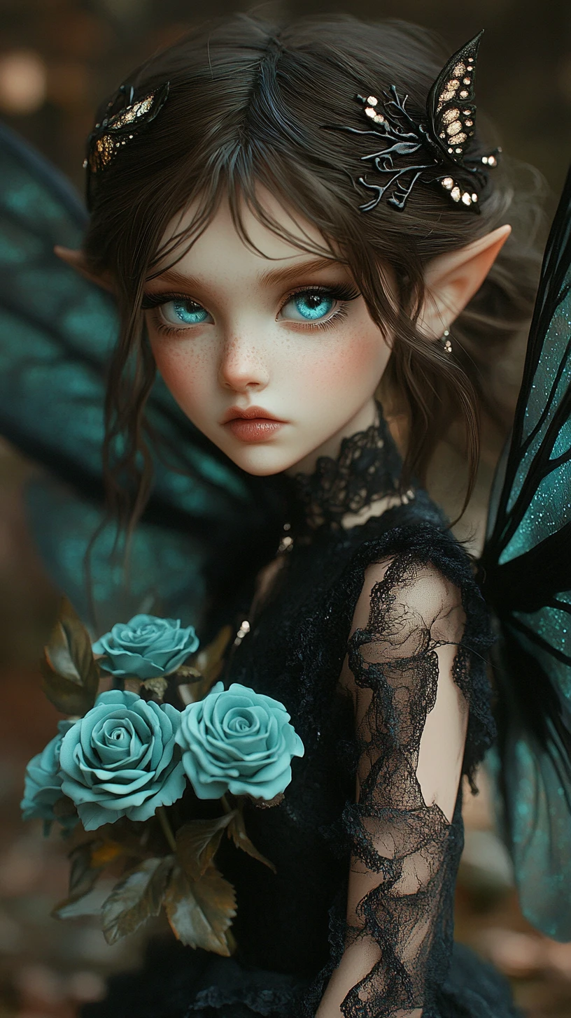 Melancholic fairy girl with teal roses in dark forest