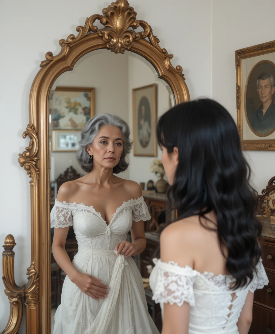 Young woman facing her elderly reflection in a mirror
