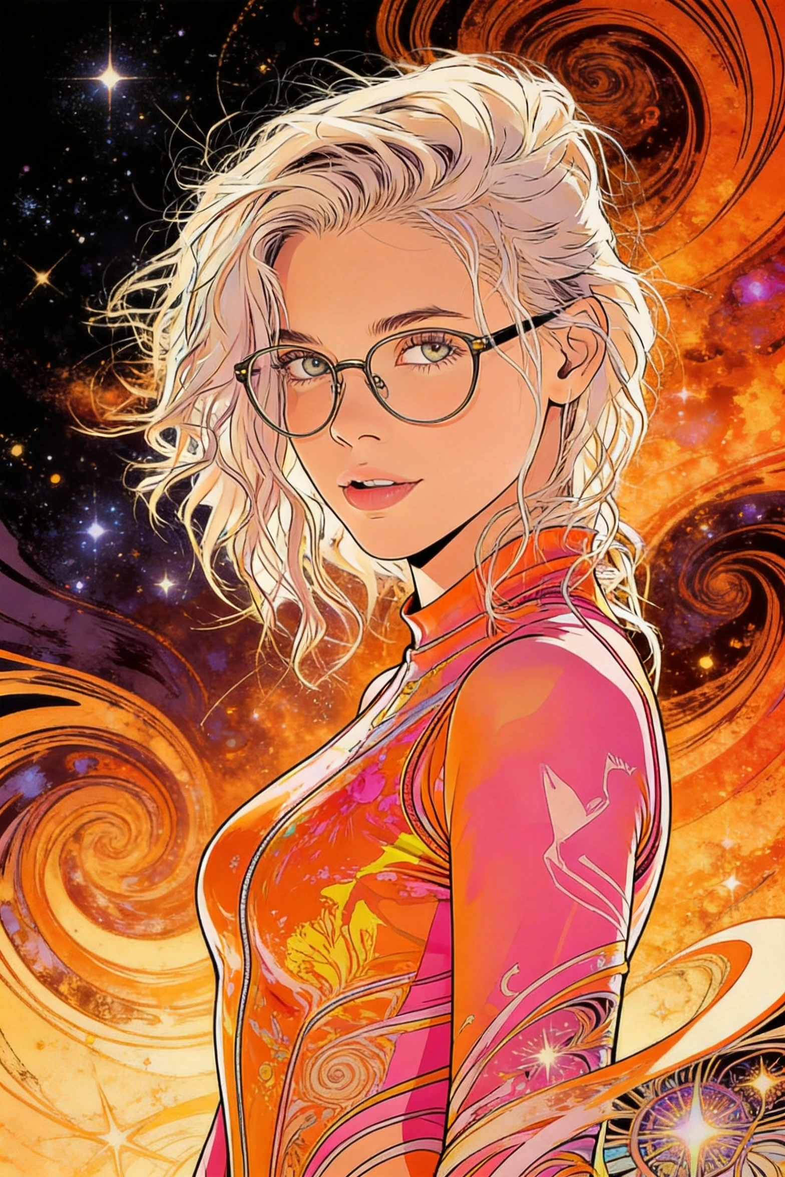 Surreal fashion woman in vibrant swirling psychedelic dreamscape