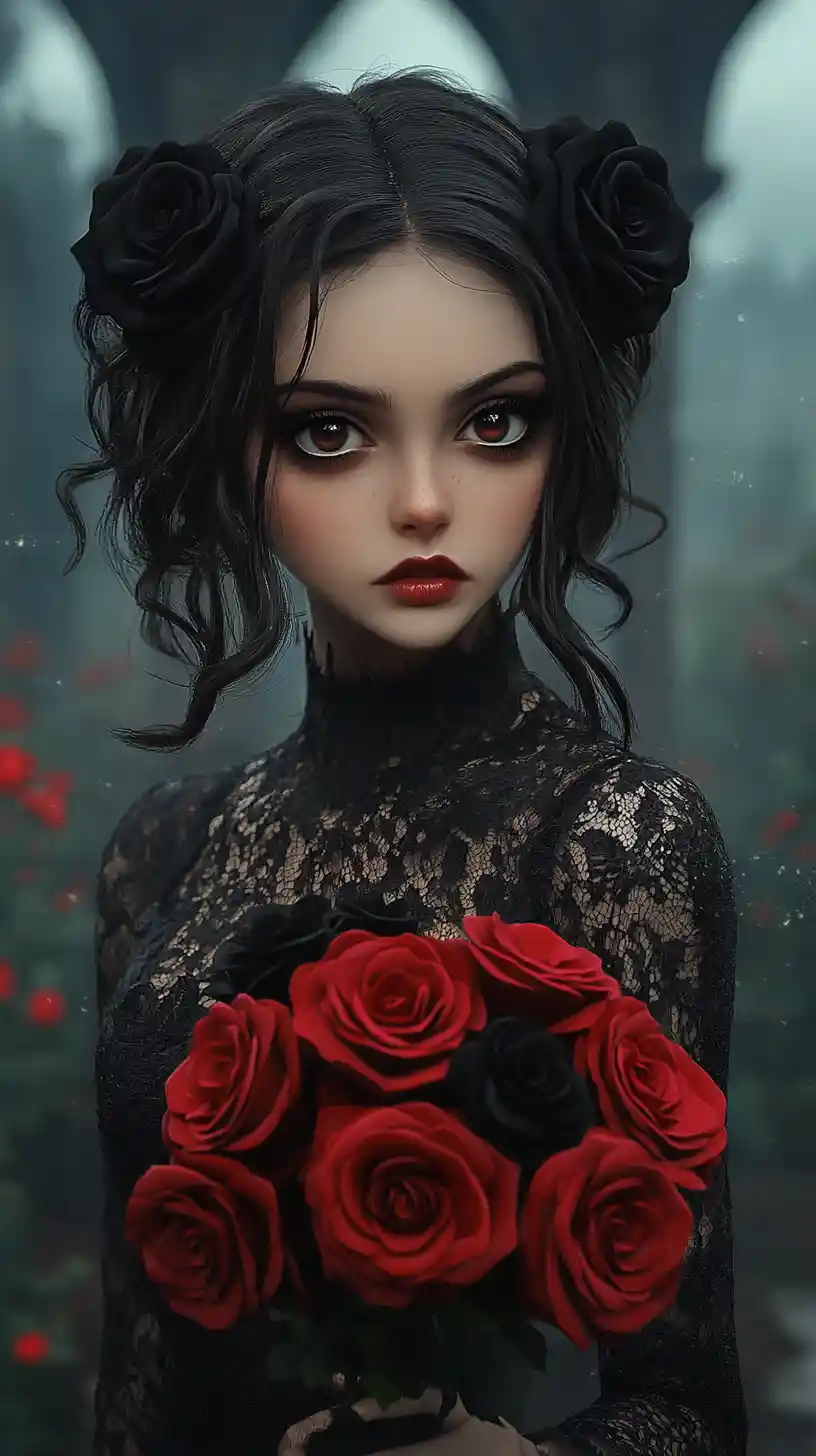 Gothic-Mädchen mit roten Rosen im nebligen Schlossgarten