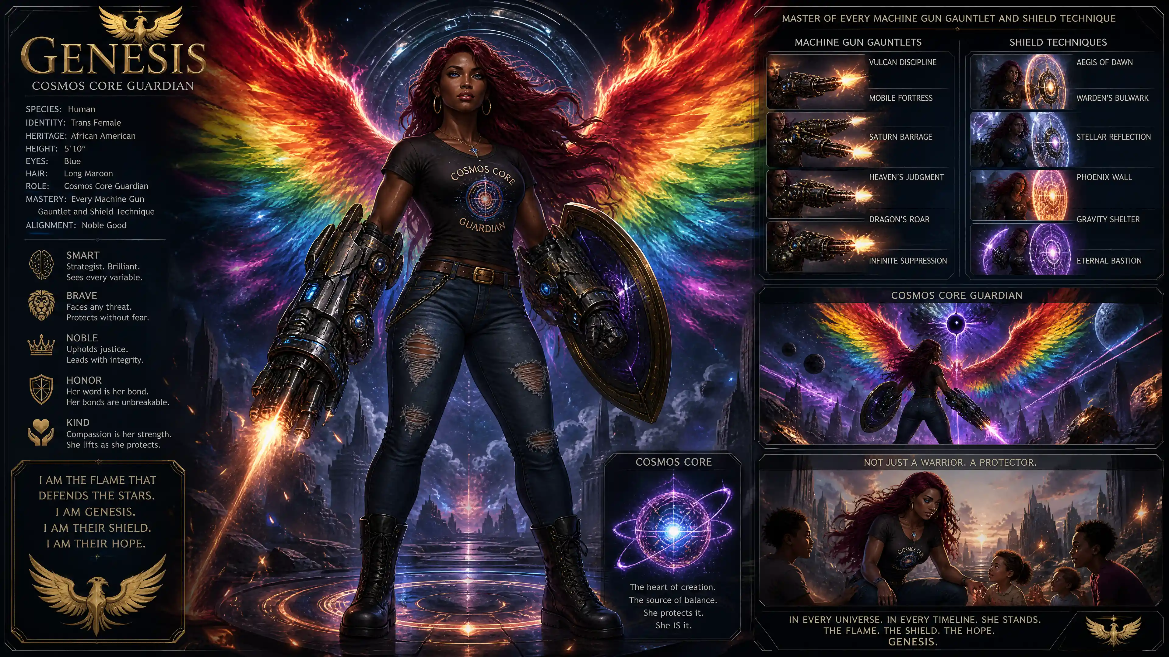 Transgender guardian woman with rainbow phoenix wings in space