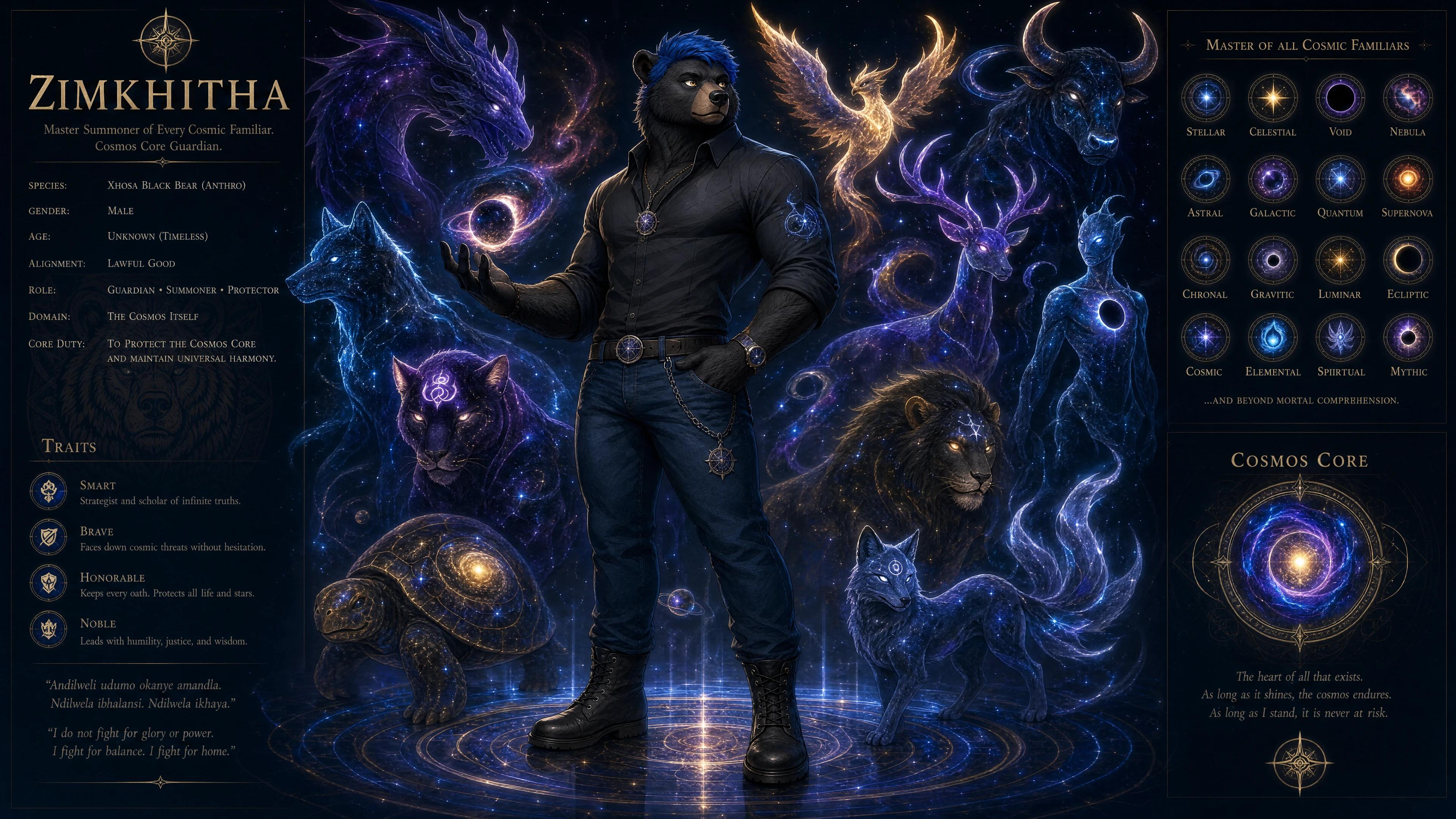 Anthro Xhosa black bear summoner with cosmic aura