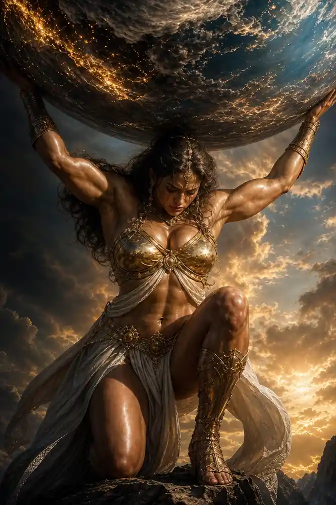 Female atlas warrior holding the heavens in gleaming armor