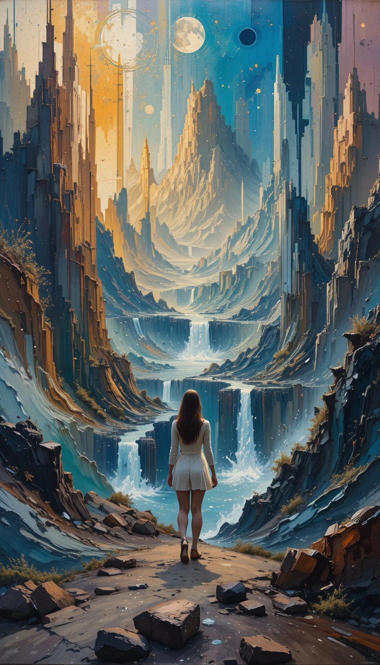 Young woman in a gestural abstract surreal dream landscape