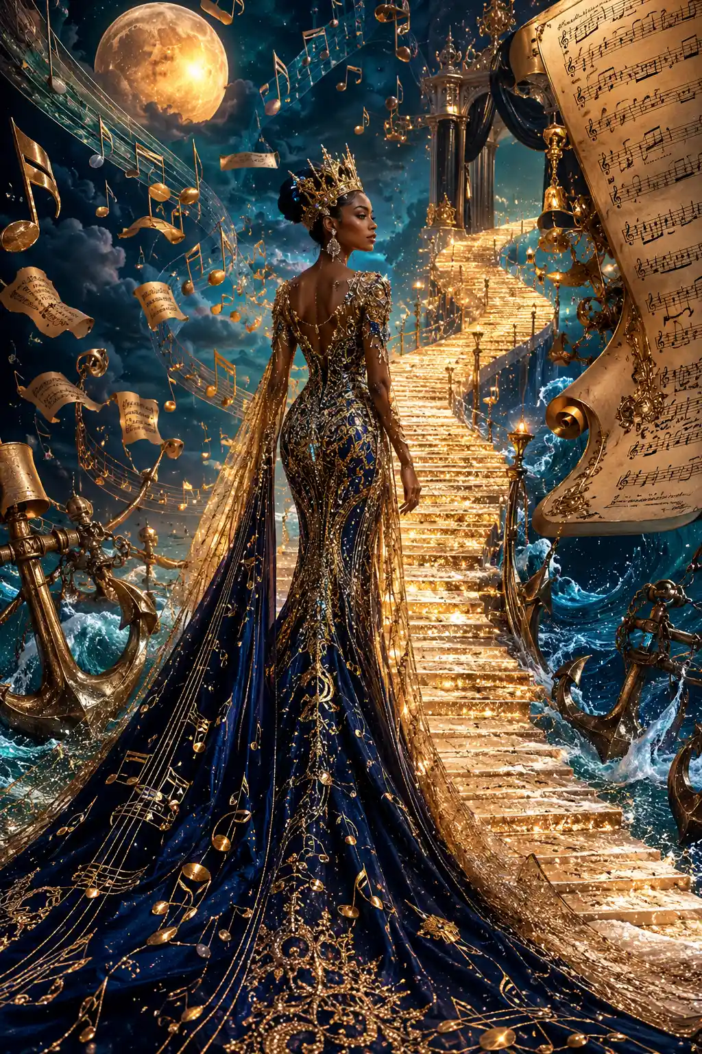 Musical notes on a sparkling abstract pathway of color