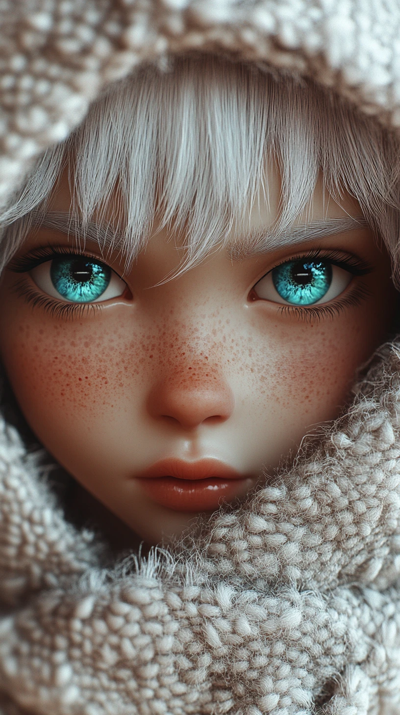 Retrato de chica con aspecto de muñeca y ojos turquesa hipnóticos