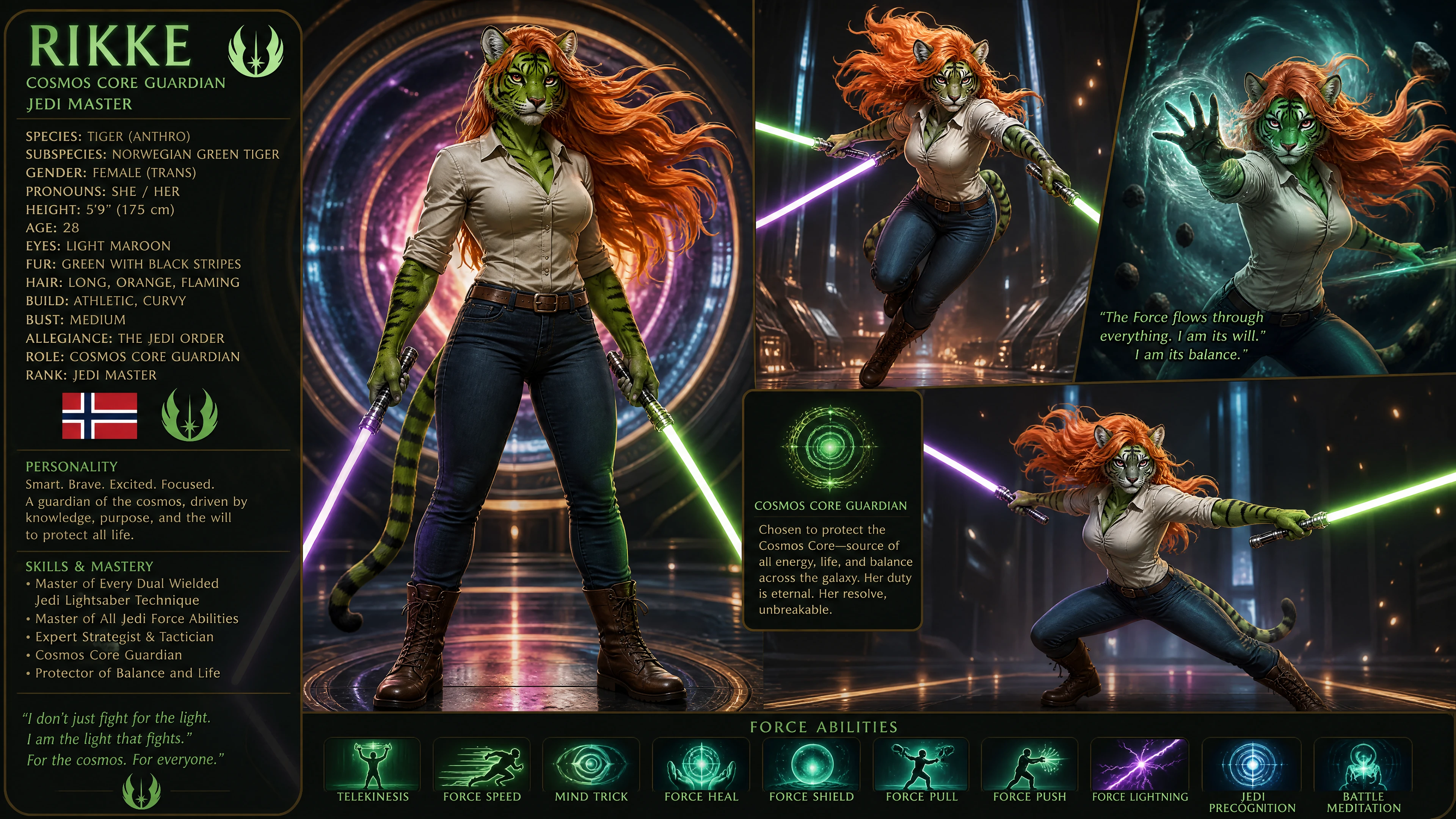 Cosmic tiger warrior woman with twin glowing lightsabers