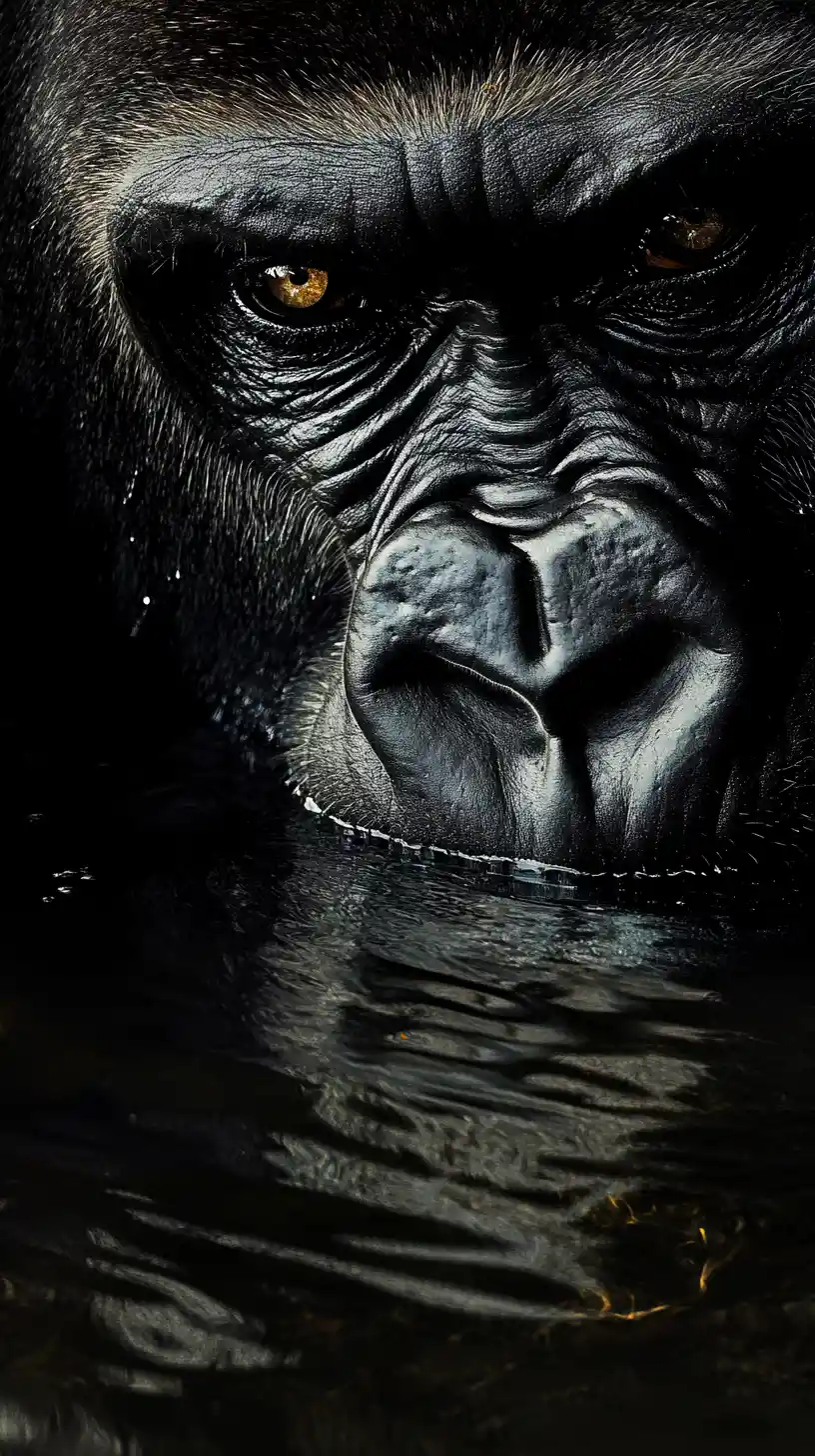 Gorilla Face Emerging From Darkness In Quiet Reflection