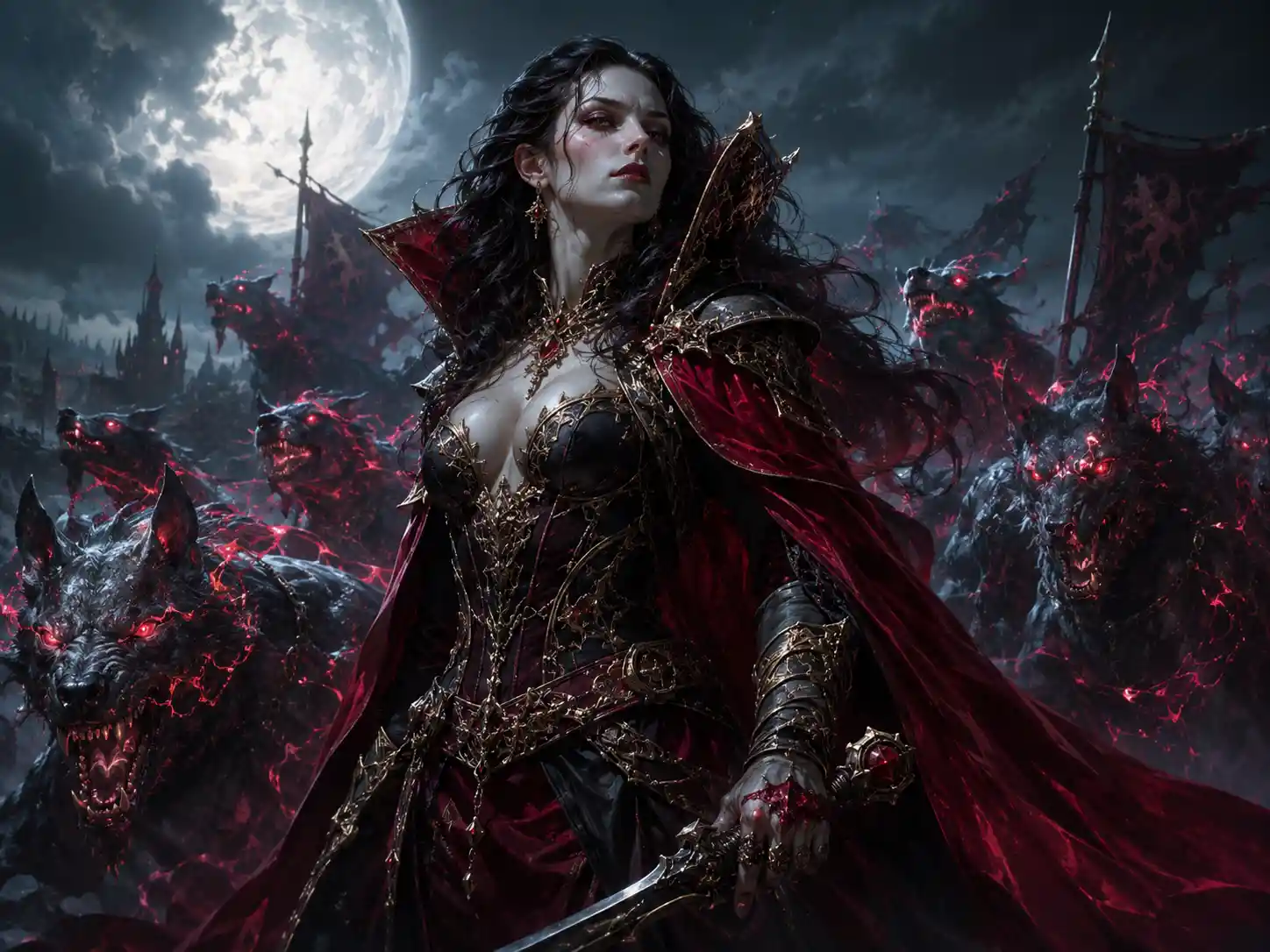 Vampire heroine leading spectral hounds on moonlit battlefield