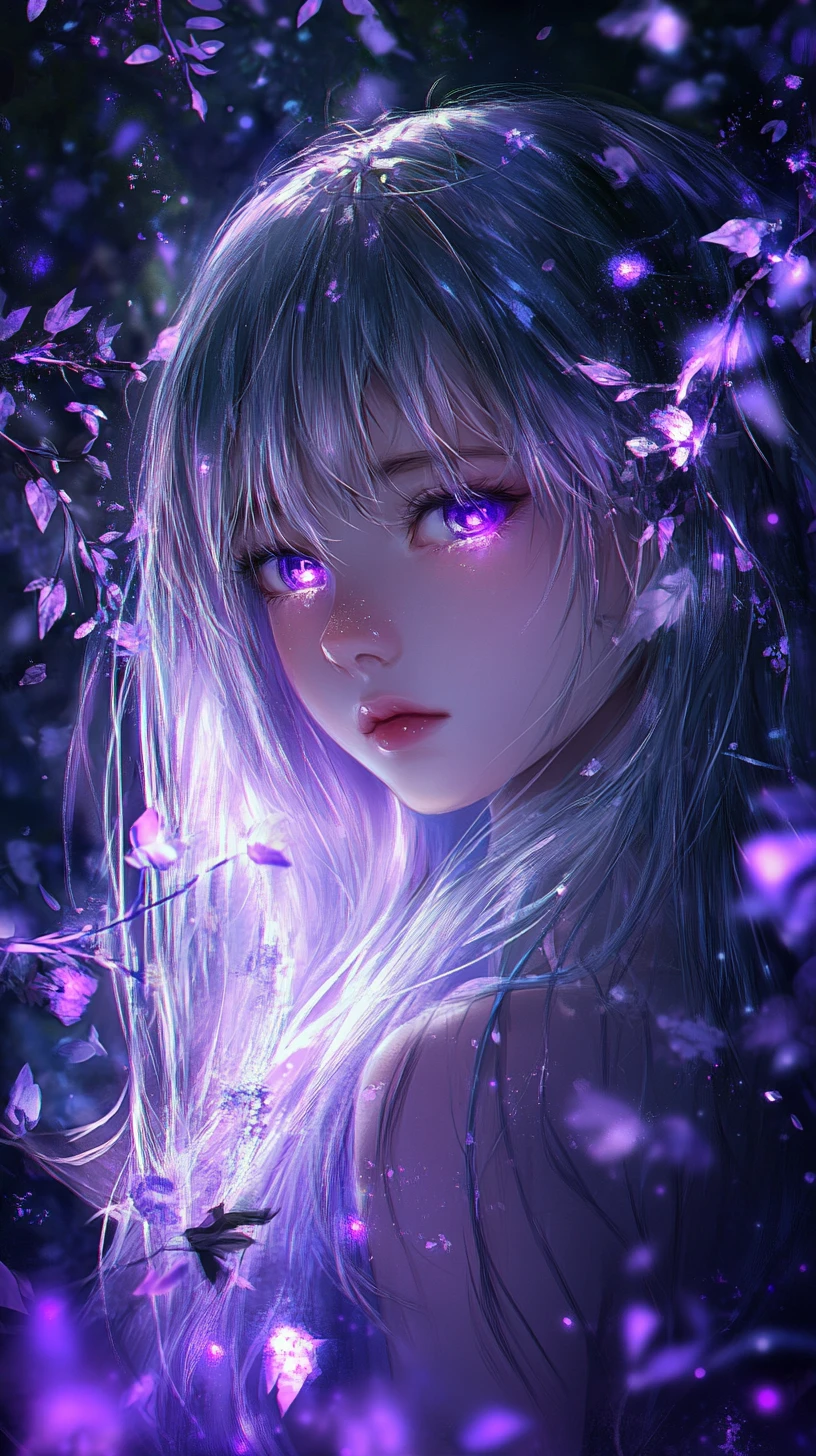 Silver haired anime girl in glowing enchanted forest