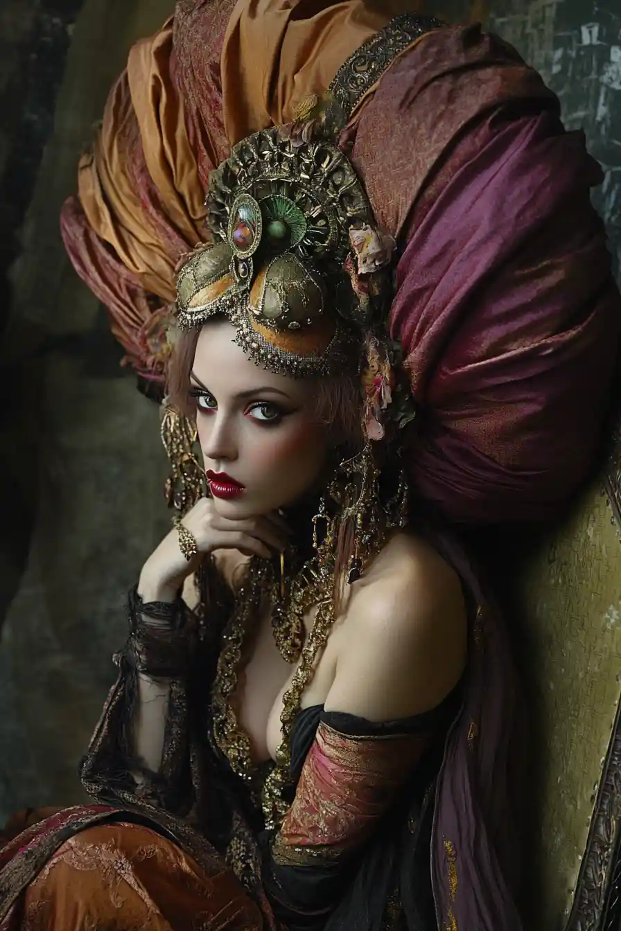 Elegant woman in oversized seat with ornate couture
