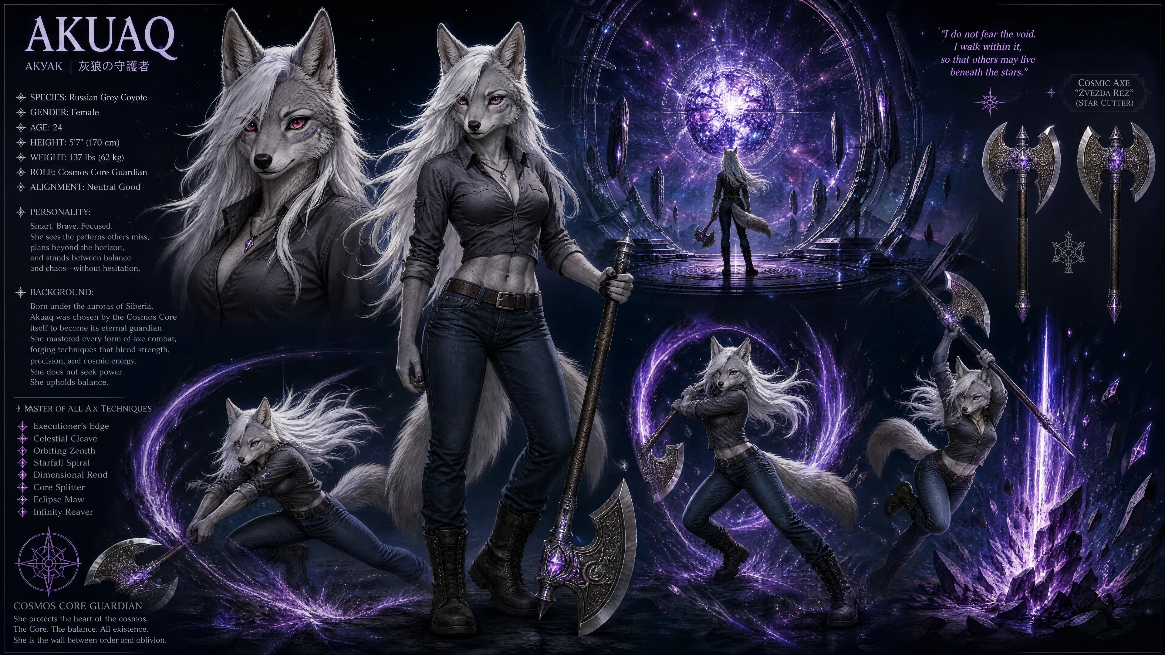 Anthro coyote guardian woman with axe in cosmic setting