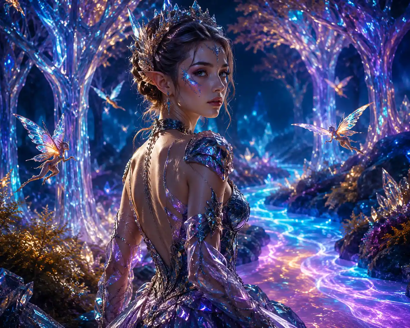Bioluminescent creatures in a crystalline fantasy forest