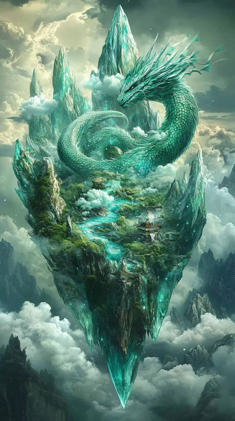 Dragon Formed From Crystalline Rivers And Mountain Clouds