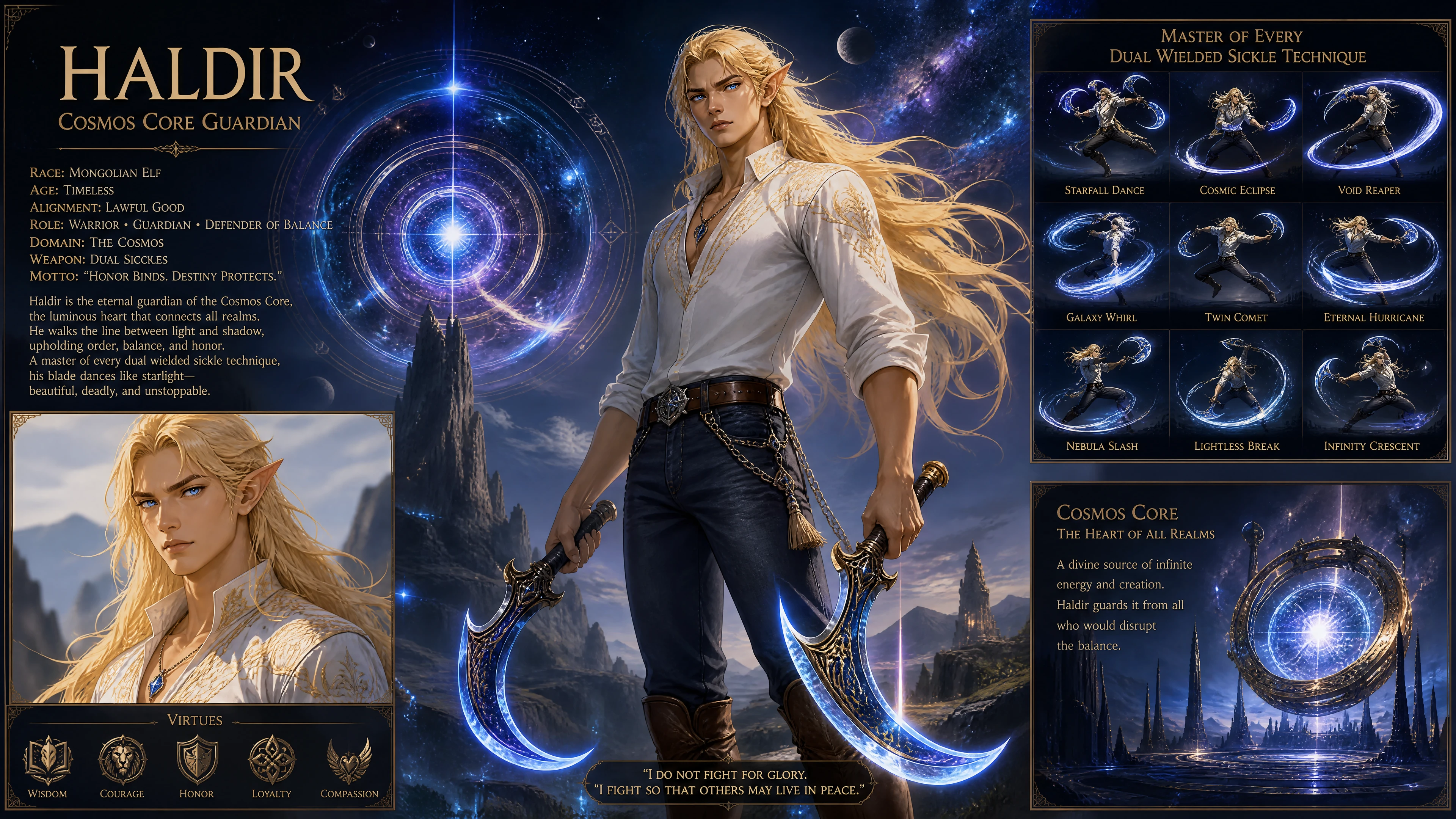 Mongolian elf warrior with dual sickles in cosmic armor