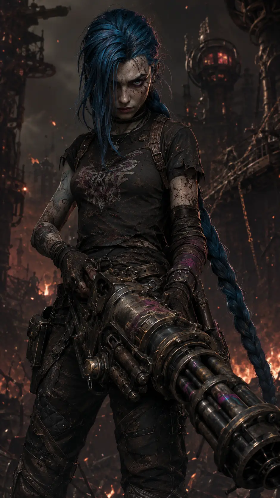 Battle scarred woman with minigun in industrial ruins