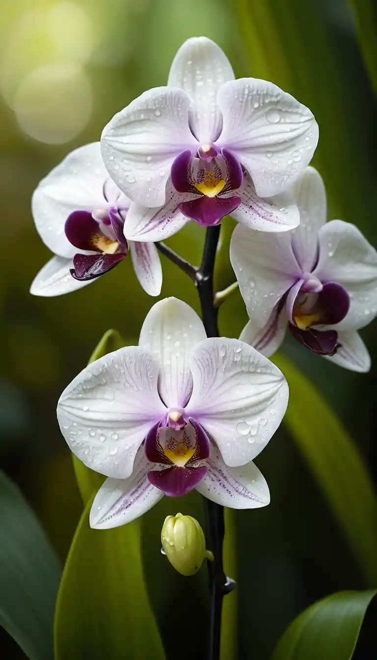 Close up of black orchid flowers with cascading filaments