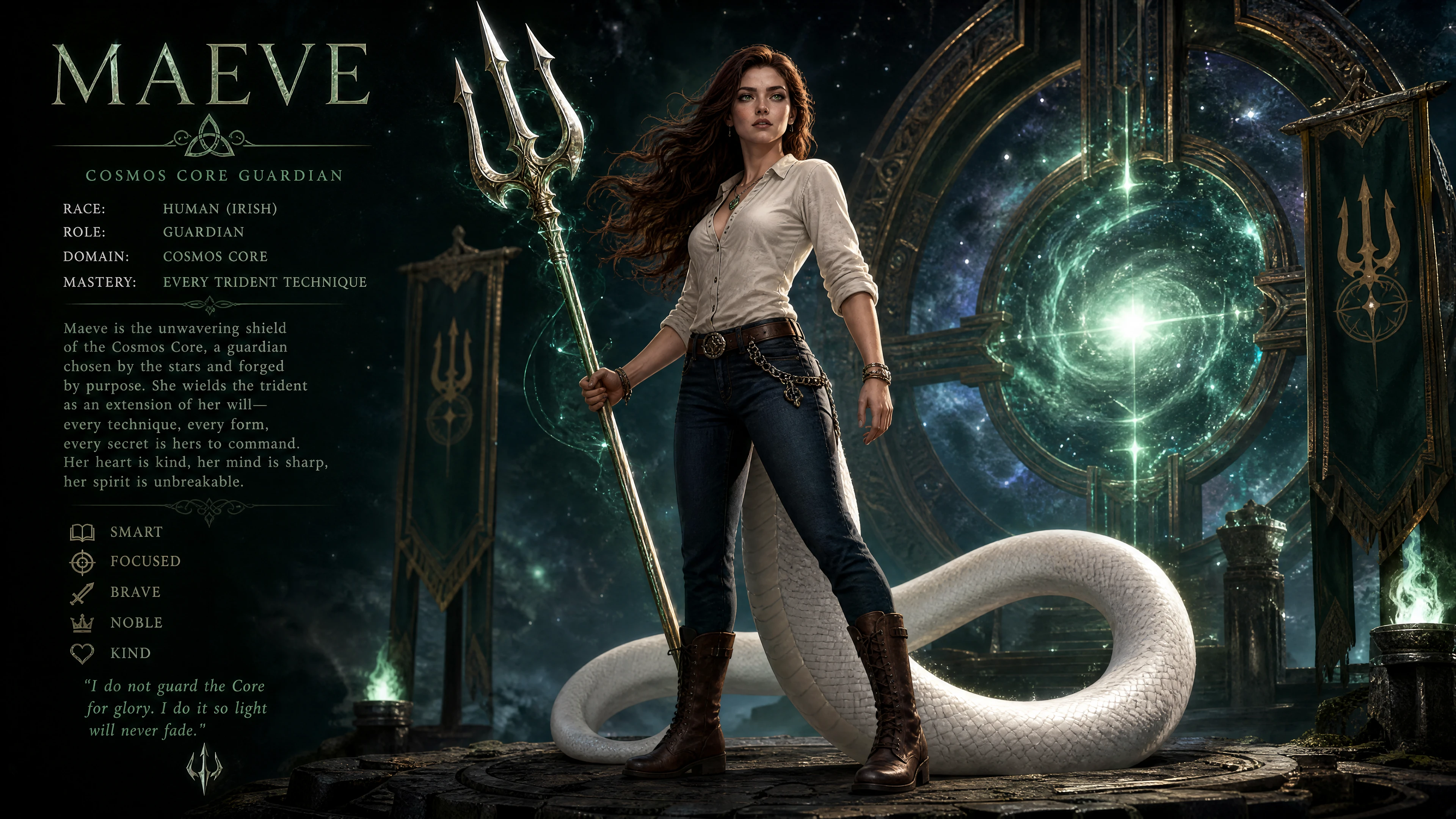 Brave cosmic guardian woman with white serpent tail