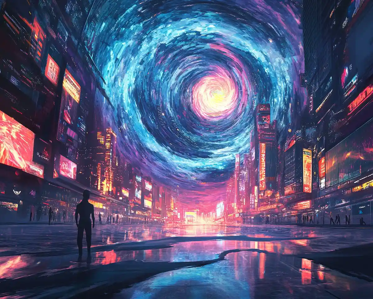 Lone figure before a vortex in a futuristic cityscape