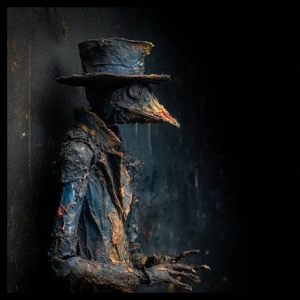 Surreal elongated plague doctor against dark concrete wall