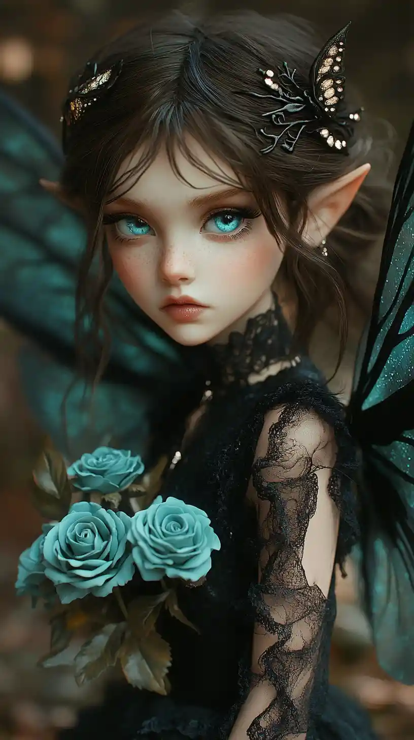 Melancholic fairy girl with teal roses in dark forest